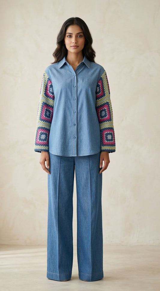 DENIM CROCHET SLEEVES CO ORD SET