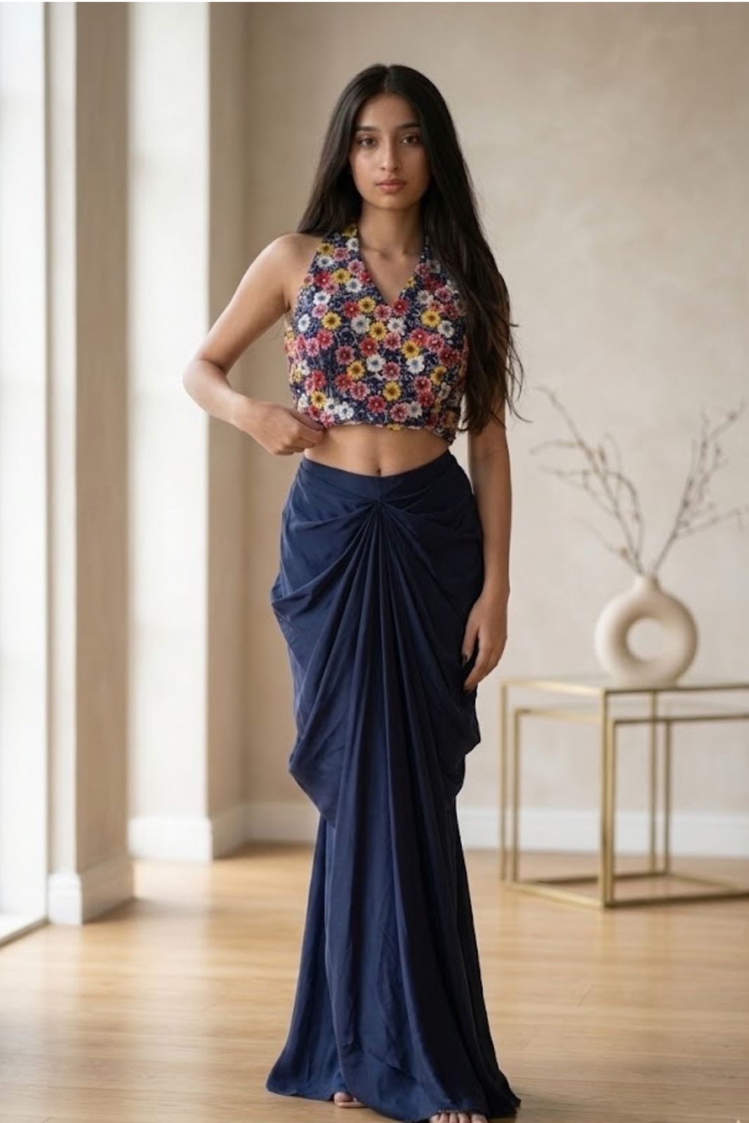 Navy Blue Draped Skirt Set