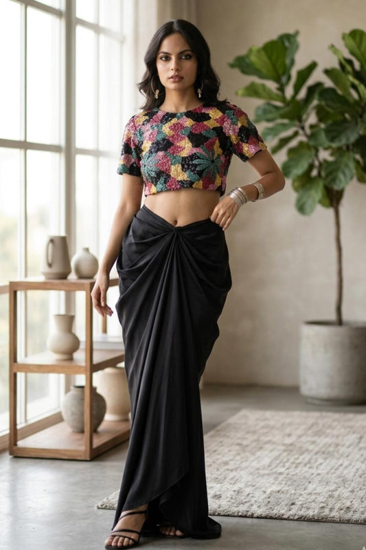 Multi Sequence Cape With Draped Skirt