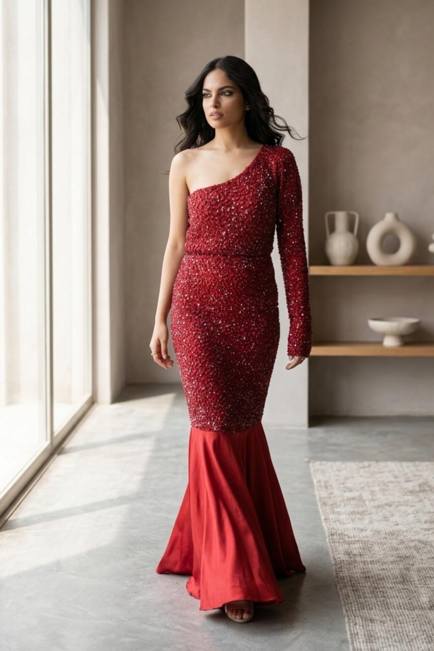 Red crystal Skirt Set