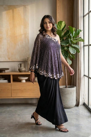 Black One Shoulder Cape Dress