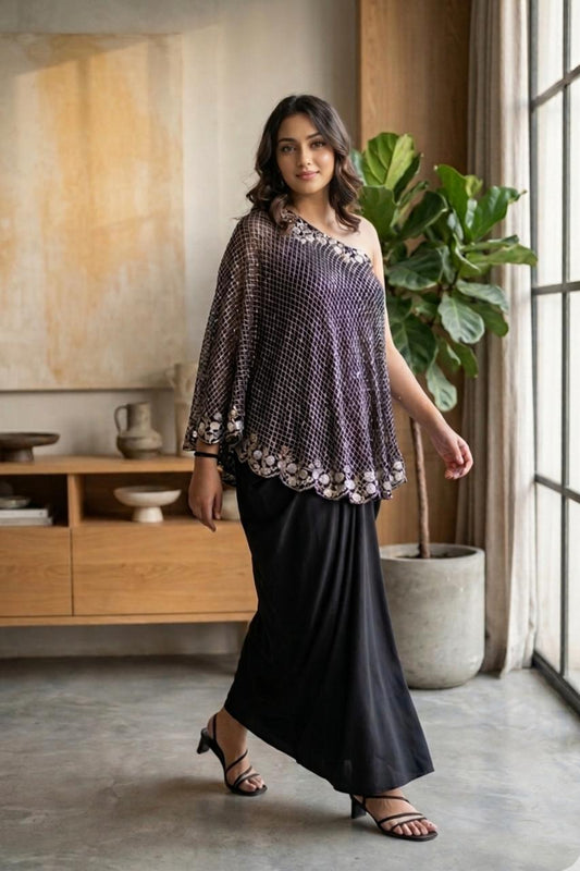 Black One Shoulder Cape Dress