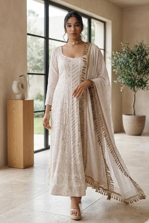 White Mukesh Work Anarkali