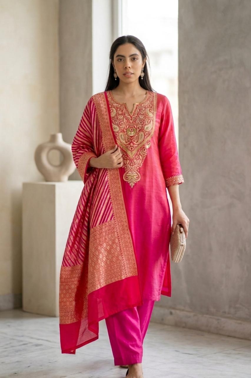 Marodi Work Suit With Banarasi lehariya Chunni