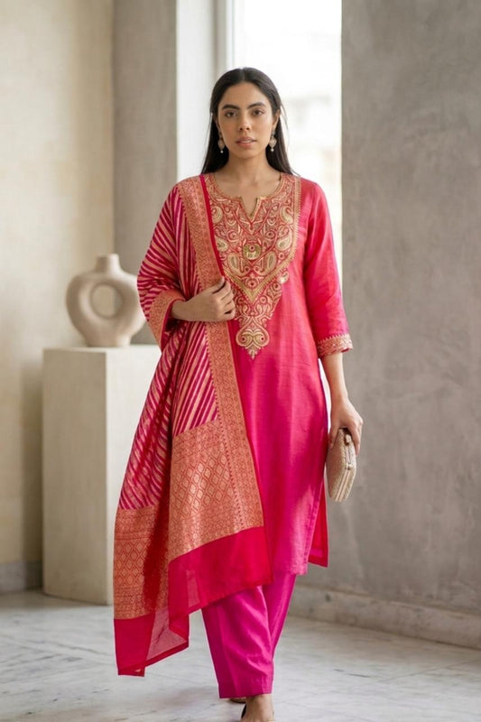 Marodi Work Suit With Banarasi lehariya Chunni