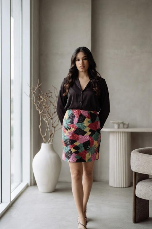 Black Shirt And Multi Work Mini Skirt