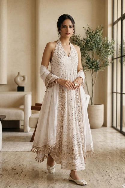 White Halter Neck Anarkali House Of Mohini White Halter Neck Anarkali House Of Mohini