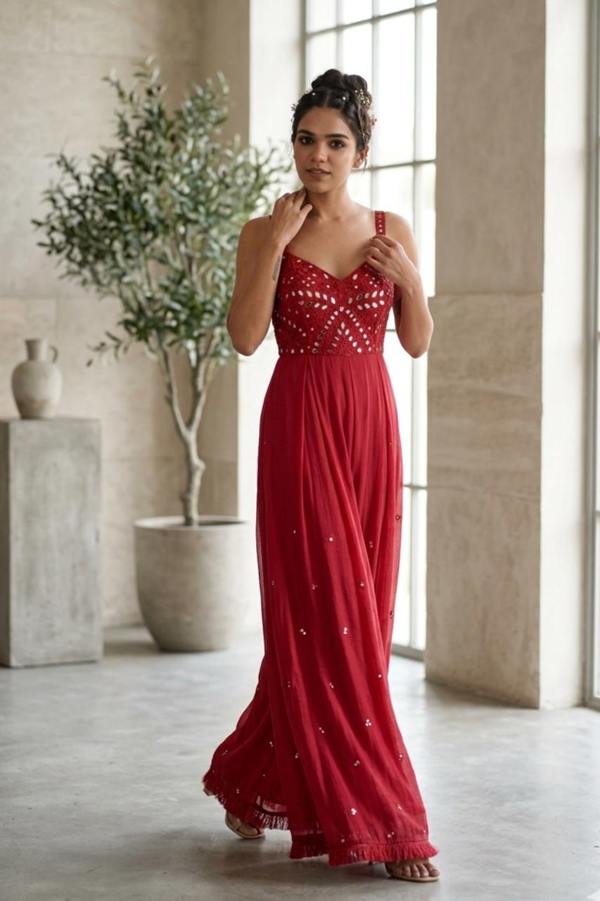 Red mirror work jumpsuit
