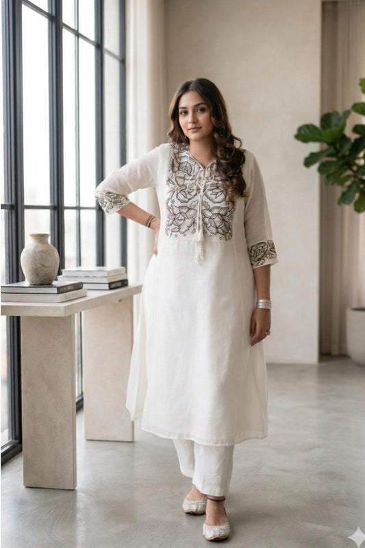 Off White Chanderi Black Embroidery Suit