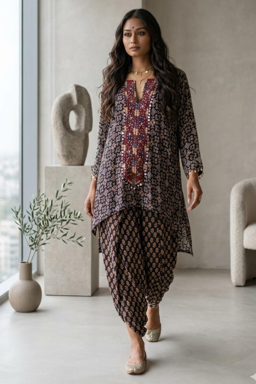 Black Modal Print Kurta & Dhoti