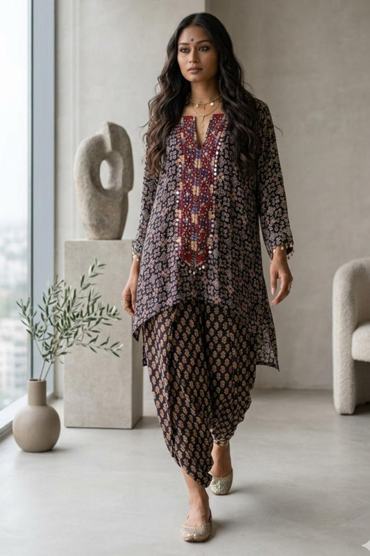 Black Modal Print Kurta & Dhoti