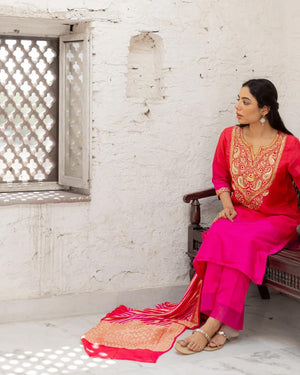 Marodi Work Suit With Banarasi lehariya Chunni