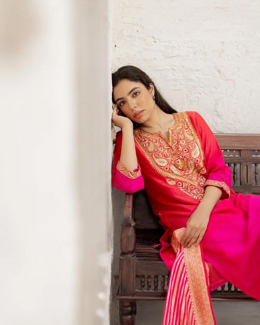 Marodi Work Suit With Banarasi lehariya Chunni