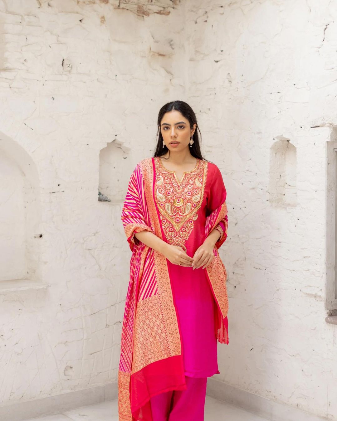 Marodi Work Suit With Banarasi lehariya Chunni