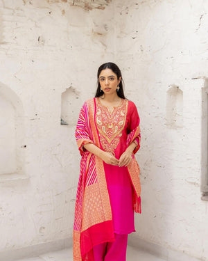 Marodi Work Suit With Banarasi lehariya Chunni