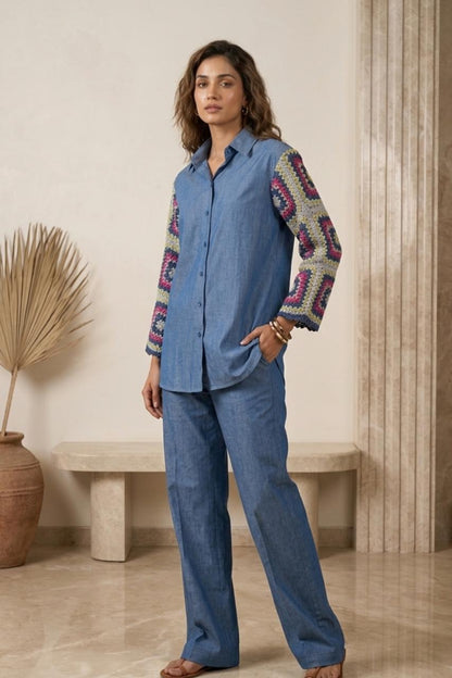 DENIM CROCHET SLEEVES CO ORD SET