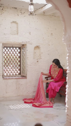 Marodi Work Suit With Banarasi lehariya Chunni